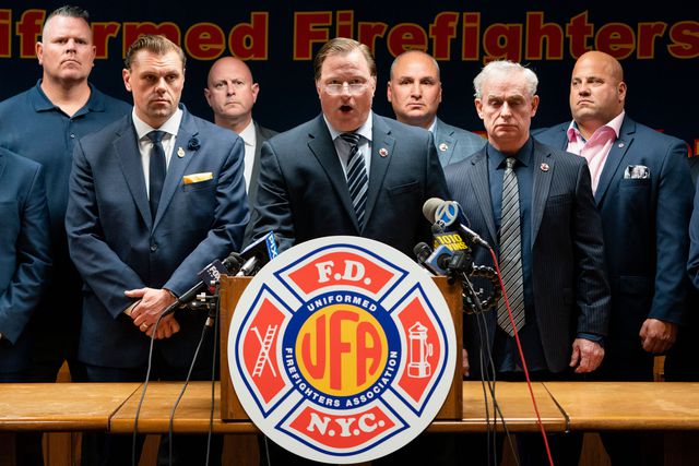 Andrew Ansbro, FDNY Uniformed Firefighters Association President, speaks during a news conference to address a newly announced COVID-19 vaccine mandate, October 20th, 2021.